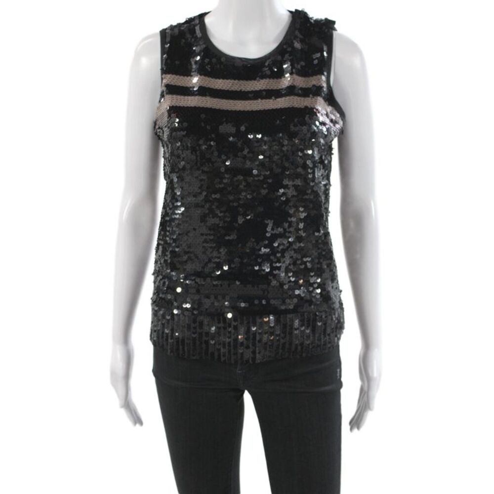 Luisa Cerano Women Camisole Black Striped Round Neck Zip Party Size 4